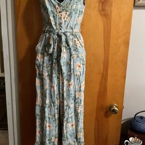 Sleeveless Light Blue Floral Tie-Waist Jumpsuits
